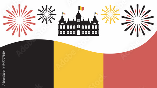 A graphic illustration of the Belgian flag with fireworks and a building silhouette, symbolizing celebration and national pride.