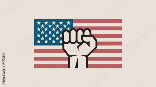 A raised fist in front of the American flag, symbolizing patriotism and protest