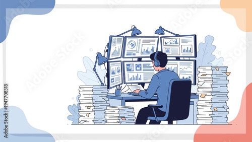 Focused professional analyst working with multiple computer monitors and huge stacks of paper to manage complex business data.