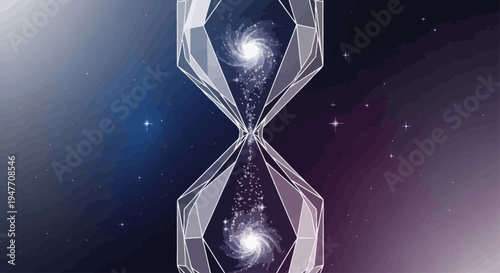 Abstract hourglass with swirling galaxies and stars, symbolizing time, infinity, and the vastness of the universe in a cosmic dance