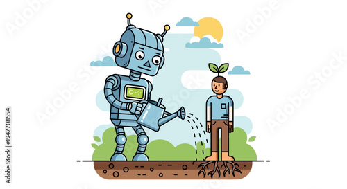 A friendly robot carefully watering a small plant growing from a person's head, symbolizing growth and nurturing in a technological age
