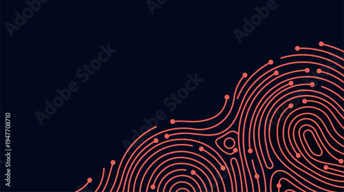 Abstract red digital fingerprint pattern with circuitry dots on dark background vector illustration