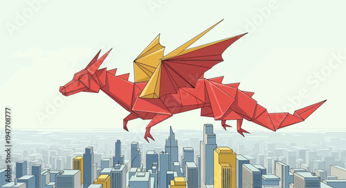 A majestic red origami dragon with golden wings soars above an urban cityscape, embodying imaginative freedom and creative dreams taking flight over the metropolis