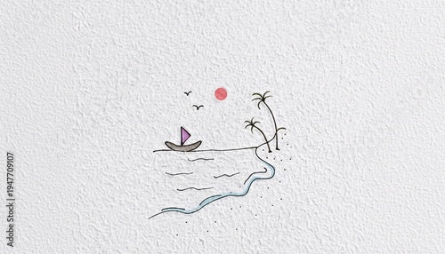A serene illustration of a sailboat on calm waters near a tropical island at sunset