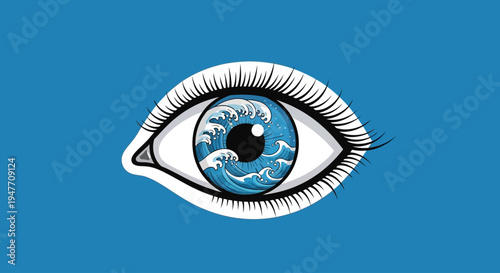 Striking illustration of a human eye featuring dynamic blue ocean waves within the iris, representing a profound connection to nature, introspection, and the vastness of vision