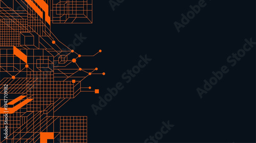 Abstract orange geometric technology background with grid and circuit elements vector illustration