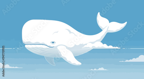 A majestic white whale gracefully soaring through a serene, sky-blue cloudscape, embodying freedom and imagination
