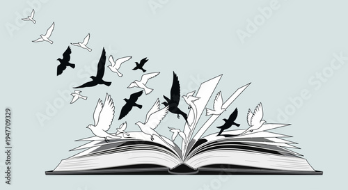 An open book releases a flock of birds into the sky, symbolizing freedom, knowledge, and the power of imagination through literature and storytelling
