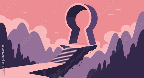 Conceptual illustration depicting a grand keyhole structure atop a jagged cliff, symbolizing the pursuit of solutions, unlocking new opportunities, and embarking on a journey of discovery