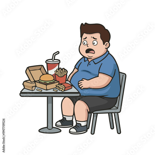 Overweight Man Eating Fast Food