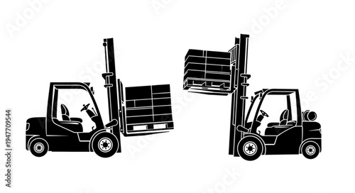 Two Forklifts Transporting Cargo in a Warehouse Setting.