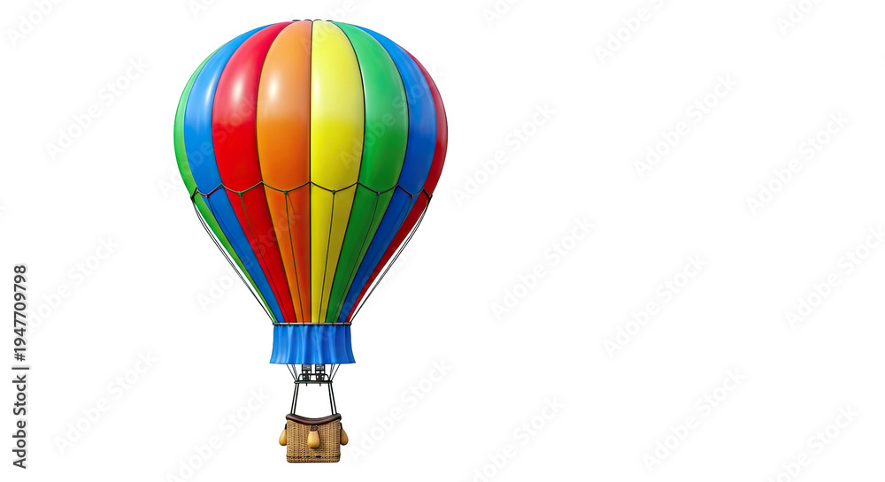 Fototapeta premium Colorful Hot Air Balloon with Basket on White Background