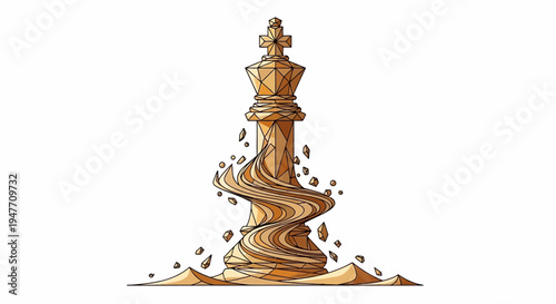 Golden King Chess Piece Artfully Rendered with Swirling Debris and a Crowned Apex
