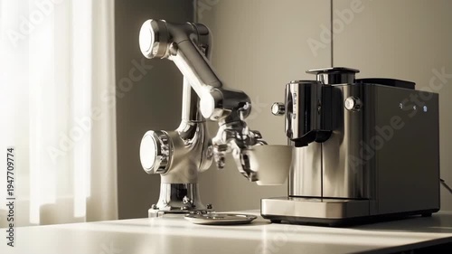 Modern kitchen scene with robot arm making coffee with an espresso machine.