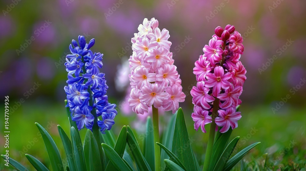 Fototapeta premium Three colorful hyacinth blooms in blue, pale pink, and deep pink with glossy green leaves against a soft dreamy garden background, evoking serene spring joy