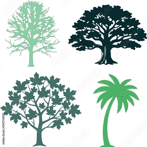 Four Different Green Silhouettes of Trees Including Pine Oak Maple and Palm