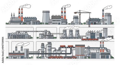 Industrial factory complex with multiple buildings and smokestacks.