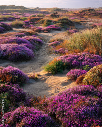 Serene autumn heathland with sandy patches, blooming purple shrubs, and distant mountain views in natural landscape