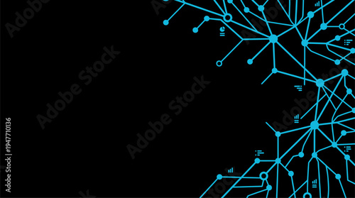 Abstract blue digital network connectivity with data icons on black background vector illustration