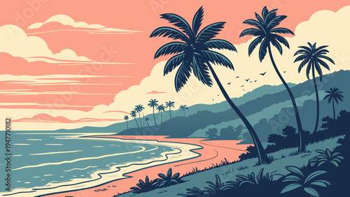 Serene Tropical Beach Sunrise with Palm Trees Vector