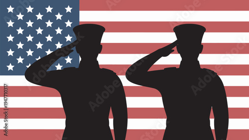 Two American soldiers saluting in front of the United States flag