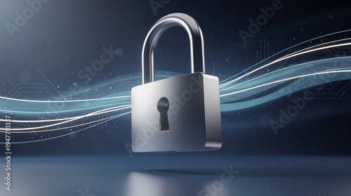 A metallic padlock floats against a digital background with flowing data lines, symbolizing cybersecurity and data protection.