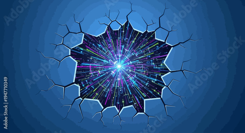 Abstract explosion of light and energy bursting through a cracked blue wall, representing power, creation, and new beginnings
