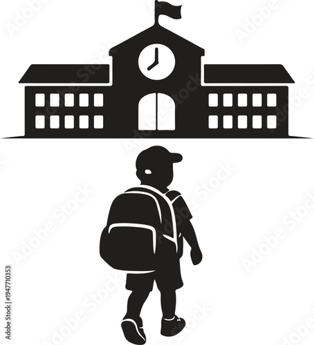 School Boy Student Walking to School Building Back to School Vector Silhouette