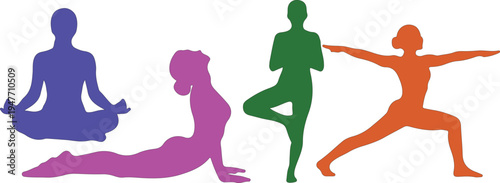 Four Colorful Silhouettes in Different Yoga Poses meditation