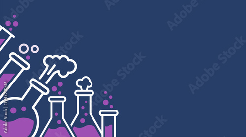 Chemistry laboratory glassware with purple liquid and bubbles vector illustration background