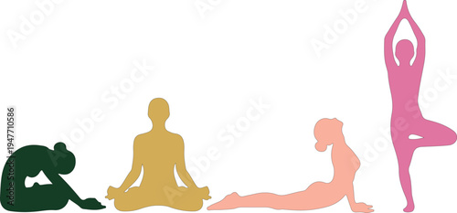 Four Colorful Silhouettes in Yoga Poses exercise meditation
