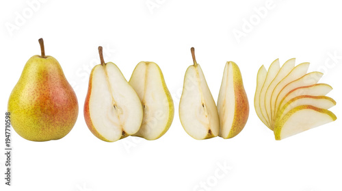 Clapp's Favorite pear transformation on a transparent background: a whole fruit transitions into halved, quartered, and neatly fanned slices, showcasing its juicy flesh and vibrant colors