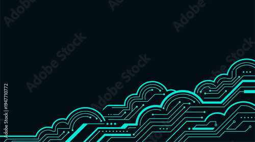 Cloud computing circuit pattern on dark background teal glowing lines vector illustration