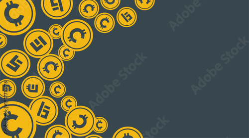 Flat design cryptocurrency gold coins on dark background vector illustration