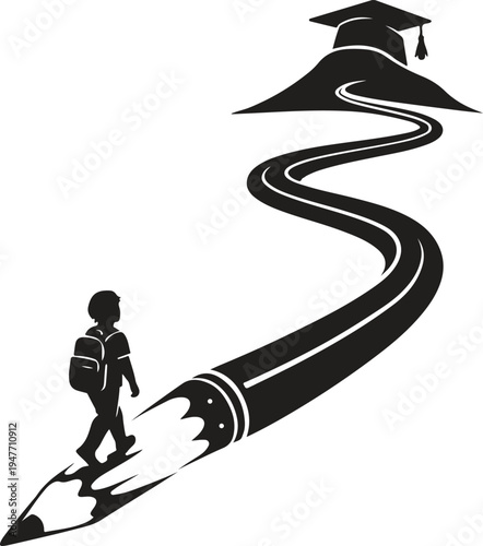 Student Running on Pencil Path Towards Success Education Concept Vector Silhouette