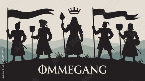 A group of medieval people standing on a hill with flags and weapons in a scenic landscape