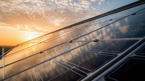 Solar panels reflecting a colorful sunset sky, symbolizing renewable energy and sustainability.