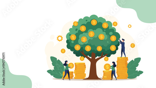 Miniatures of people picking gold coins from a lush green money tree and stacking them to represent financial growth and savings.