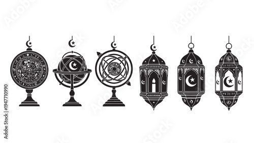A collection of Eid al-Fitr themed decorations featuring crescent moon lanterns and intricately designed globes on a clean white background, ideal for representing Islamic festival traditions