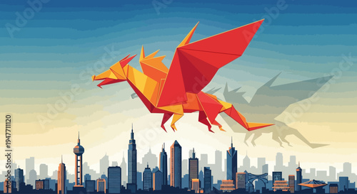 A vibrant origami dragon, geometrically crafted, soars majestically over a sprawling city skyline, representing the dynamic interplay of art and urban ambition