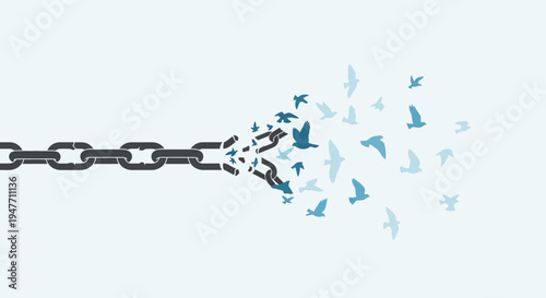 Chain breaking apart into a flock of birds flying towards freedom and new beginnings, symbolizing liberation and transformation