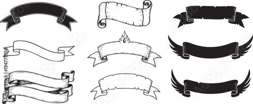 Vintage Hand-Drawn Ribbon Banners and Scroll Illustrations