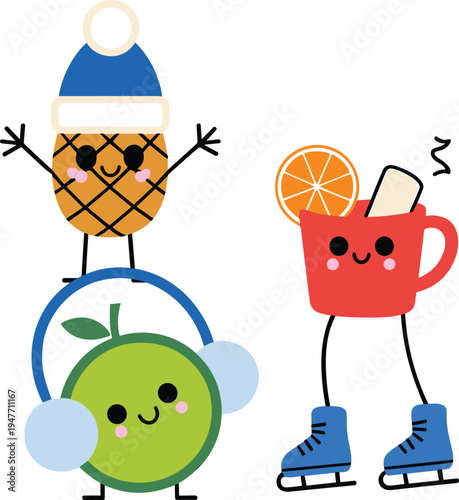 cute, winter, fruit, characters, cartoon, pineapple, apple, orange, cup, skating, earmuffs, scarf, smiling, kids, playful, vector, illustration, colorful, clipart, set