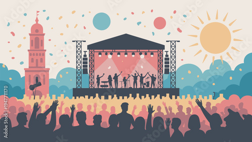 A vibrant outdoor music festival with a lively crowd and a band performing on stage under a sunny sky