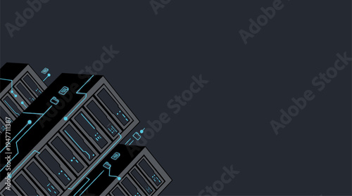 Isometric server racks with glowing blue circuit lines and data icons vector illustration