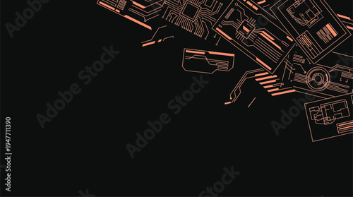 Abstract orange technical circuit board and architectural blueprint schematics on dark background vector