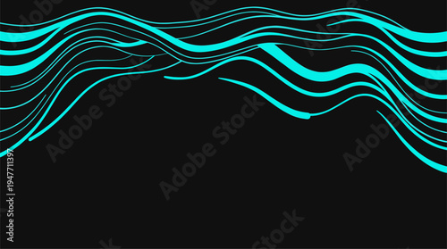 Abstract cyan flowing wave lines on dark black background vector illustration