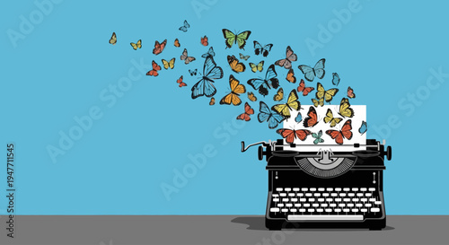 Unleashing Creativity Typewriter Blooms into a Swarm of Colorful Butterflies Against a Vibrant Blue Background