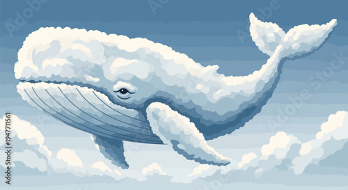 Whimsical Cloud Whale Soaring Through a Dreamy Sky with Fluffy Clouds in a Pixel Art Style