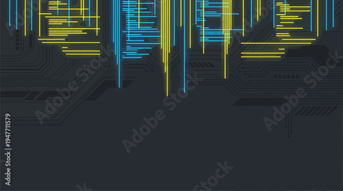 Abstract technology background with blue and yellow programming code and circuit patterns vector illustration